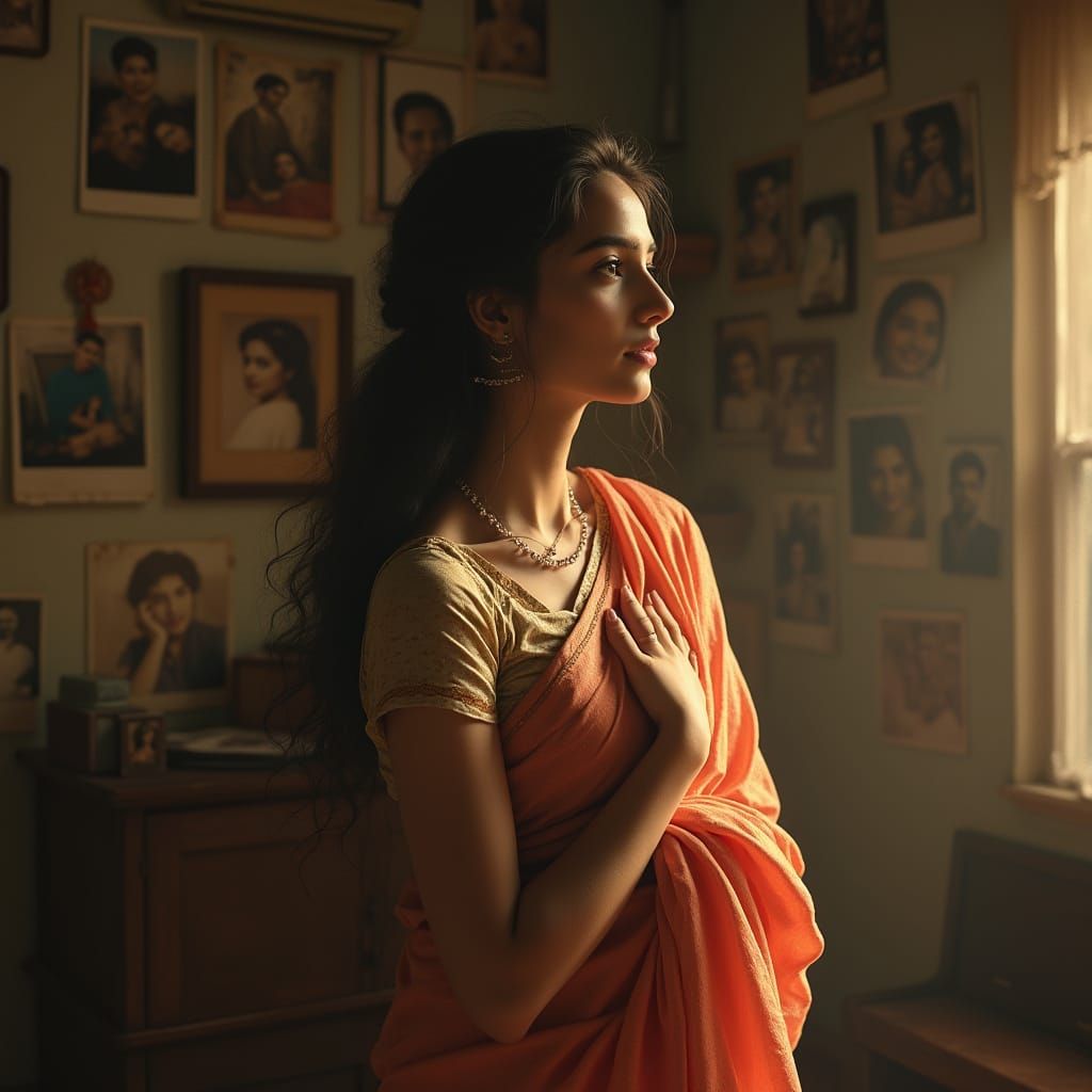Woman in Saree with Longing Eyes, Surrounded by Faded Polaro...