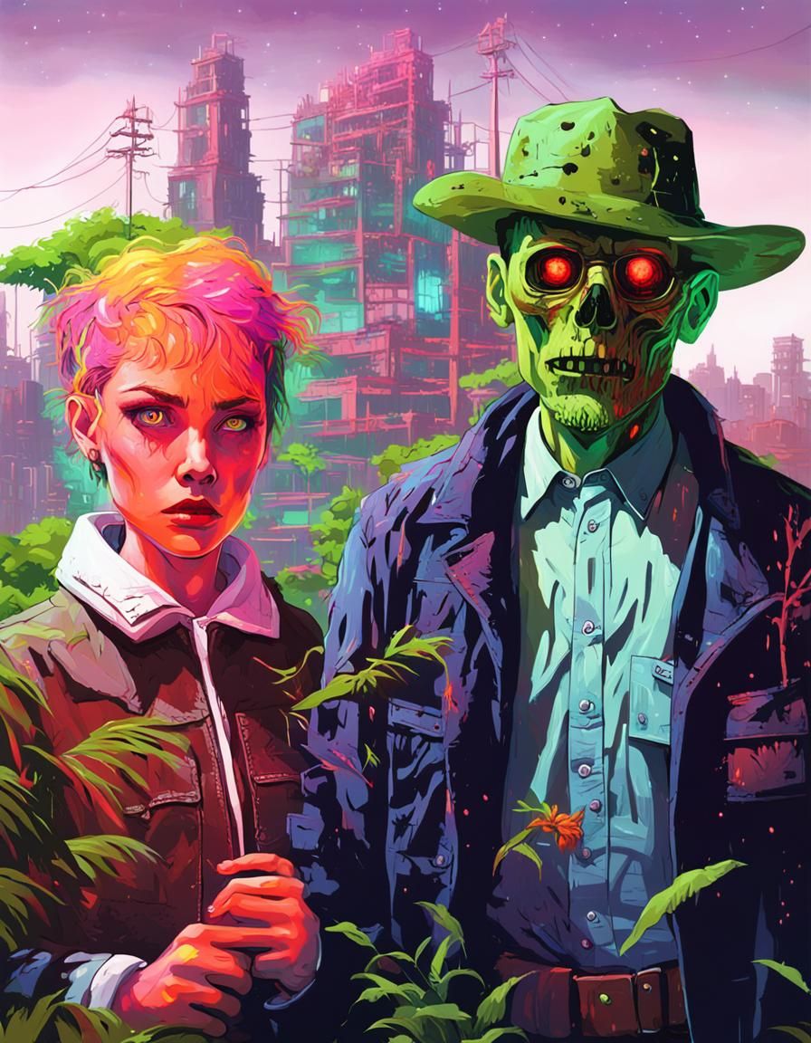 Post-Apocalyptic Neon Cityscape Couple