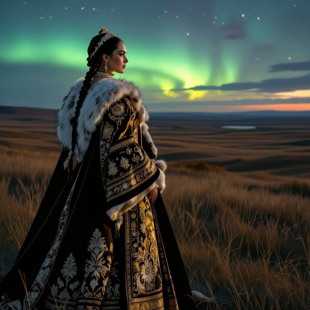 Tsarina Gazes at Aurora on Windswept Steppe in 17th Century ...
