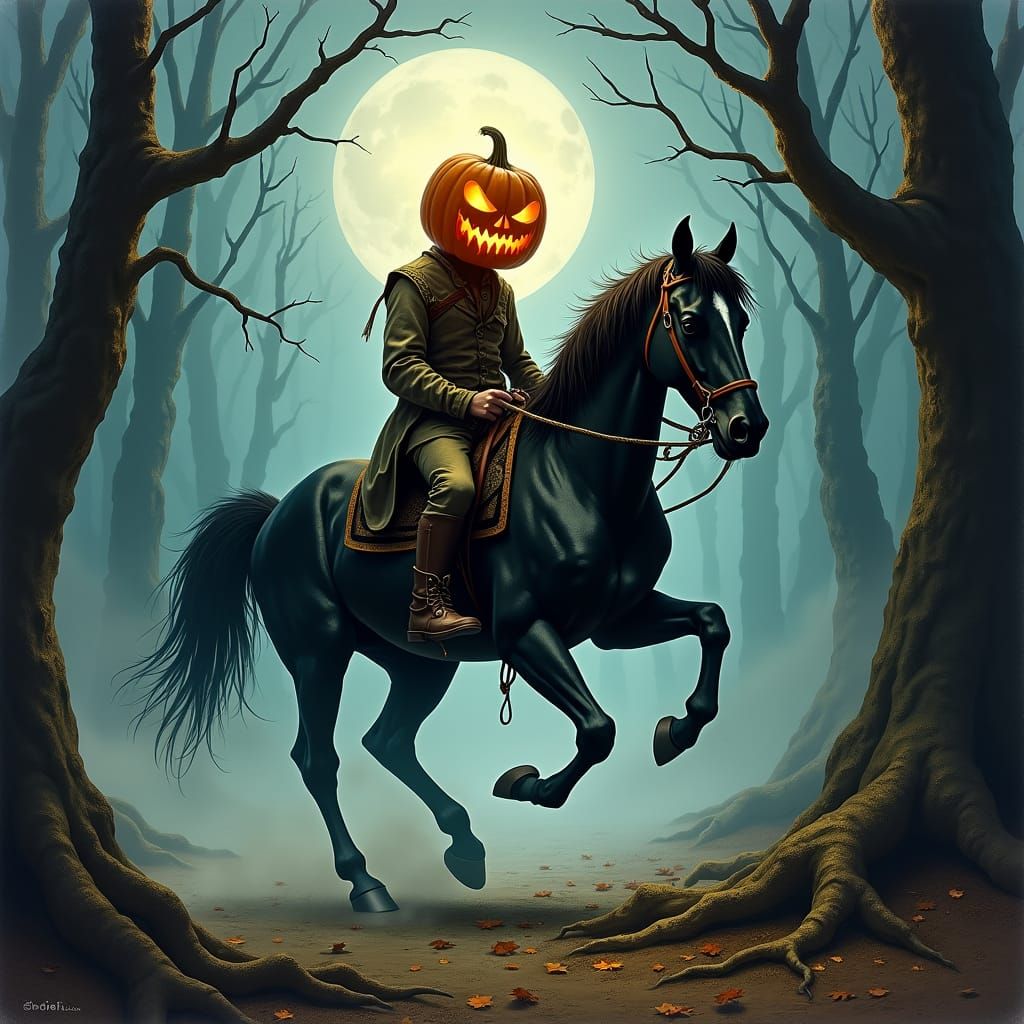 Eerie Horseman Rides Through Misty Forest