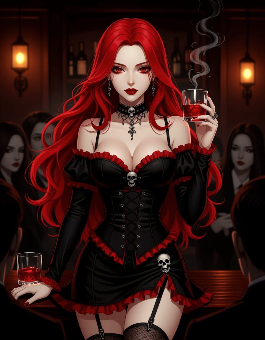 Beautiful Red-Haired Vampire Woman in Gothic Bar
