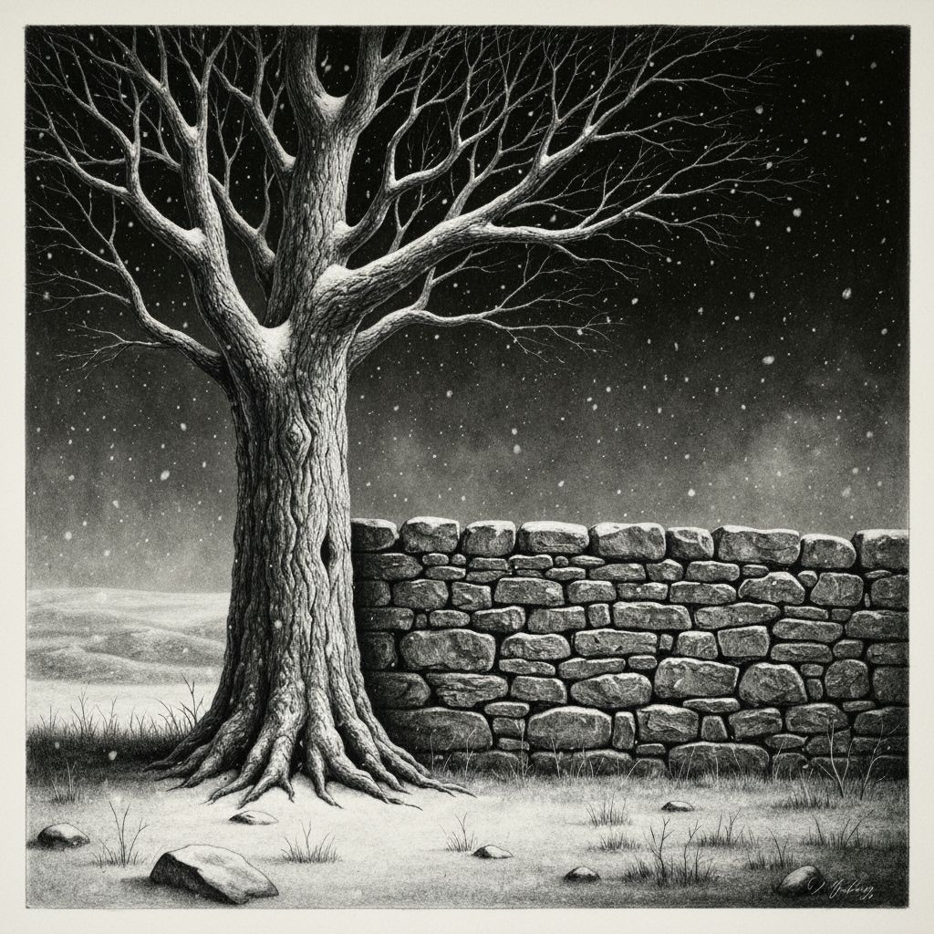 Ancient Tree by Stone Wall in Snowy Landscape