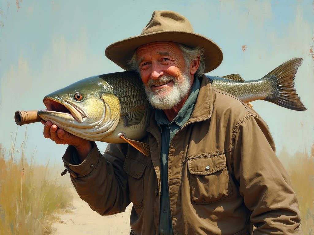 Elderly Angler with a Massive Catch in Folk-Art Style
