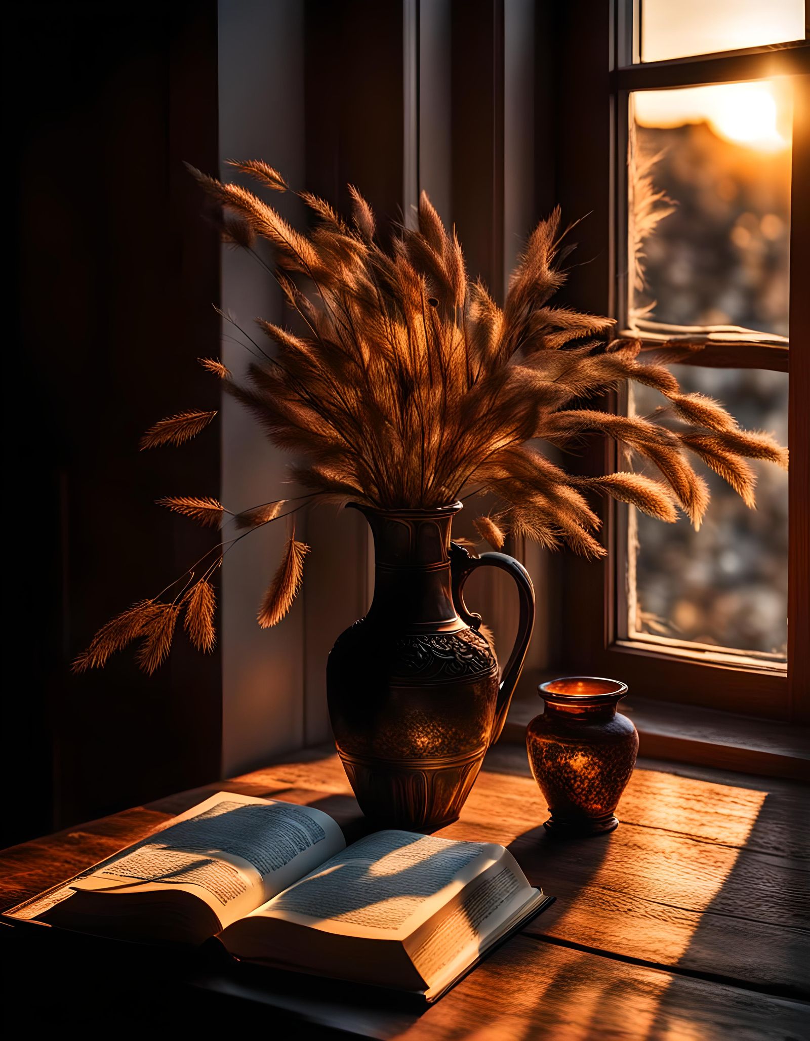 Sunset Lit Window Scene with Book and Vase