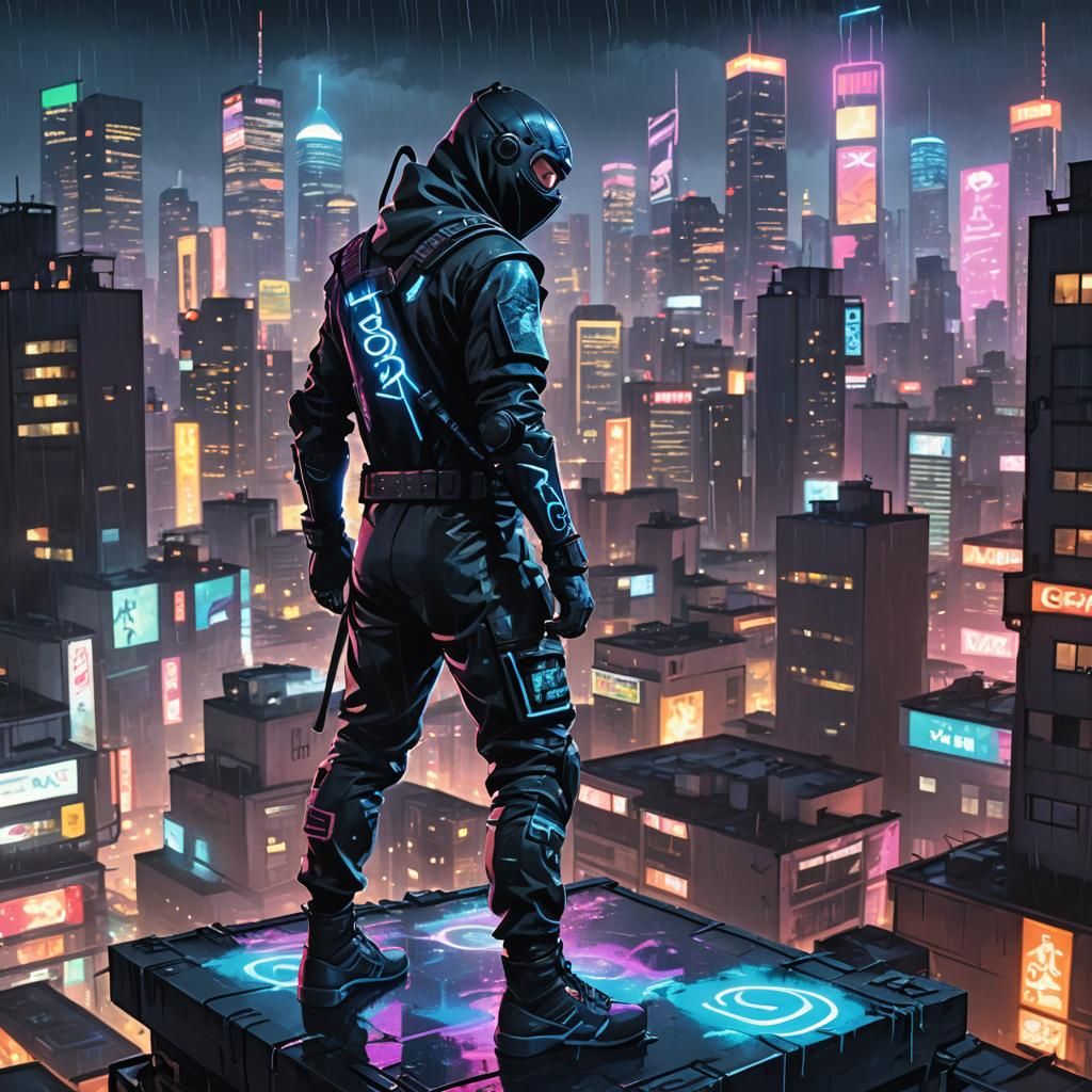 Cyberpunk Ninja Overlooking Megacity in Graffiti Art