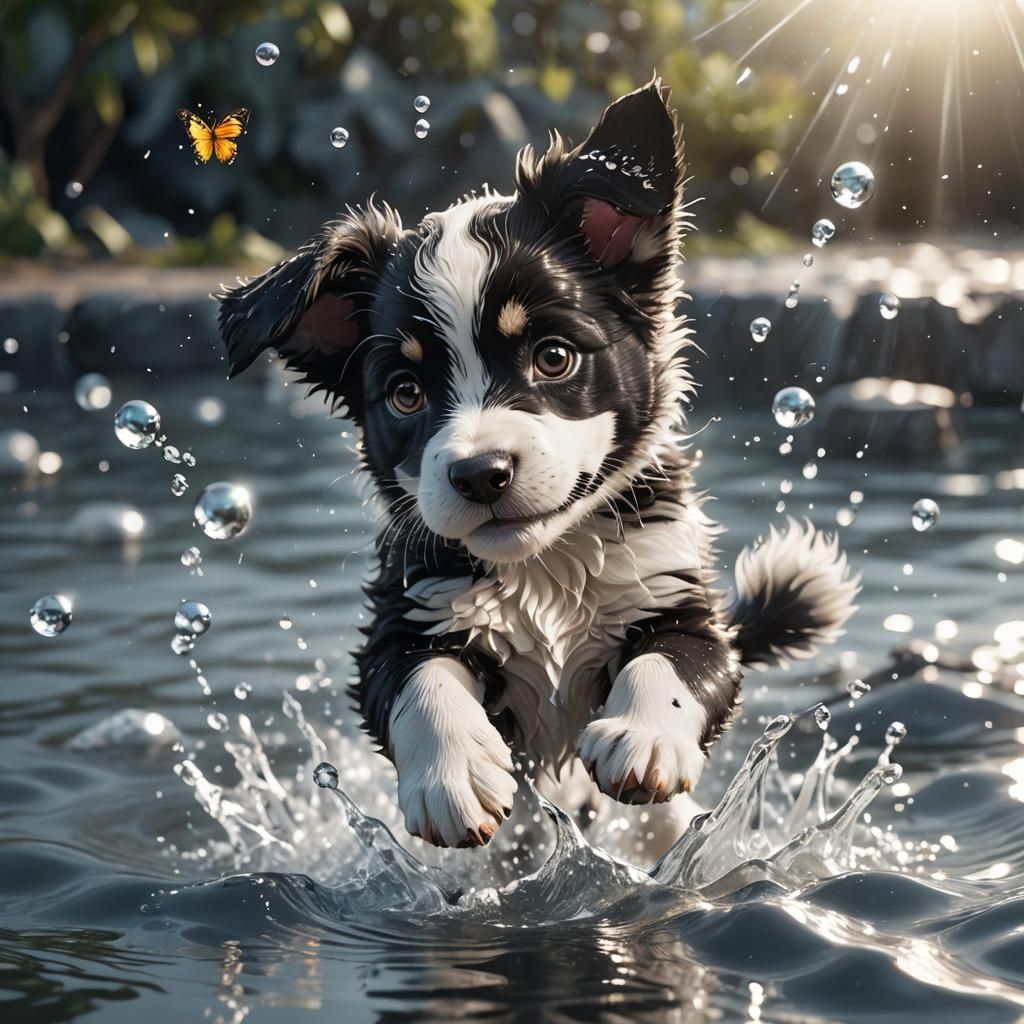 Playful Puppy in Water: Pixar-Style 3D Render