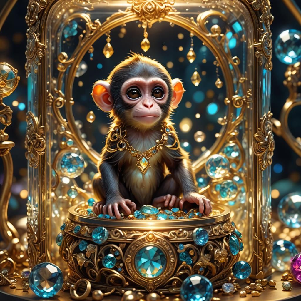Miniature Monkey in Jeweled Box, Fantasy Art