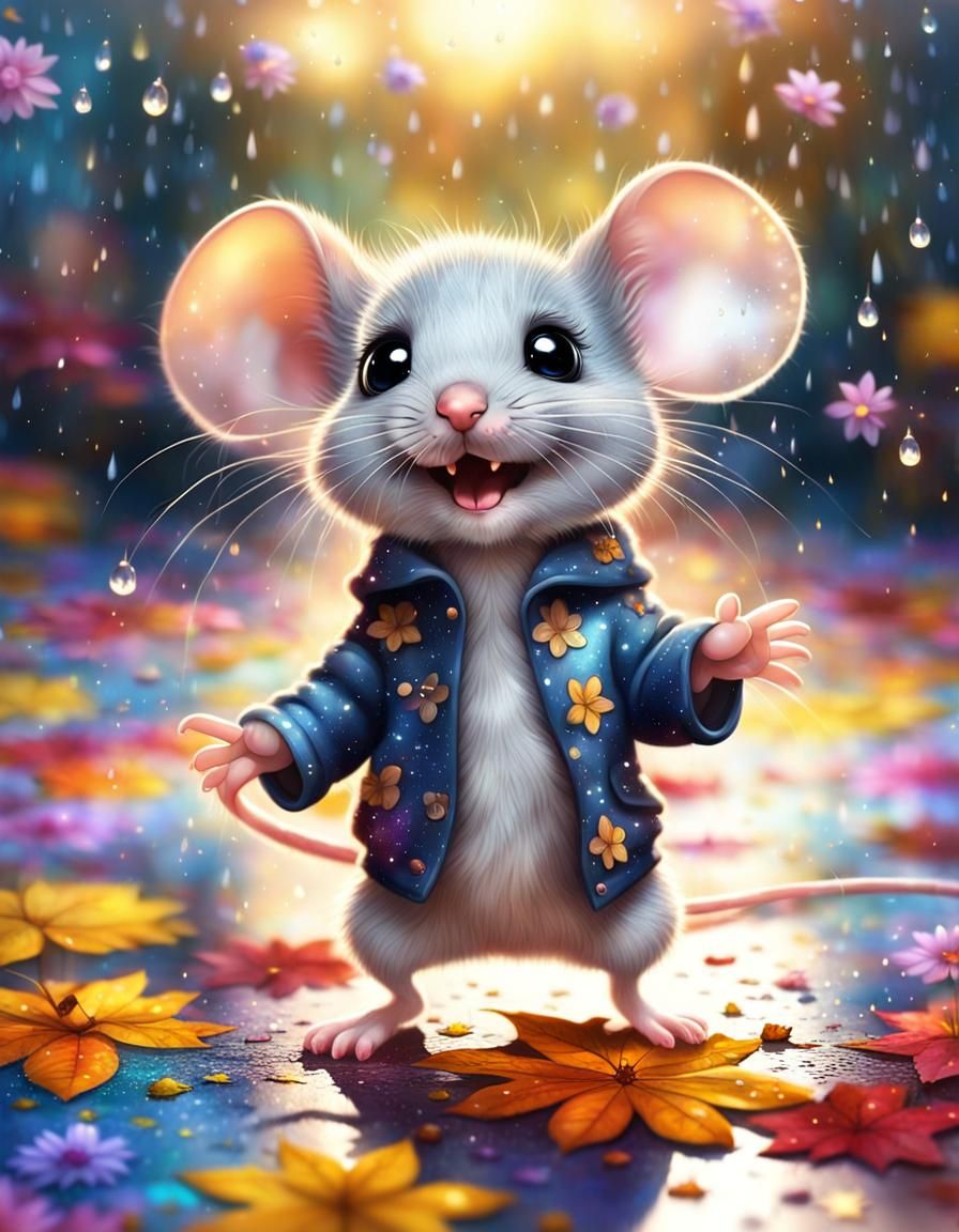 Chibi Mouse Dances in Rainy Autumn Galaxy