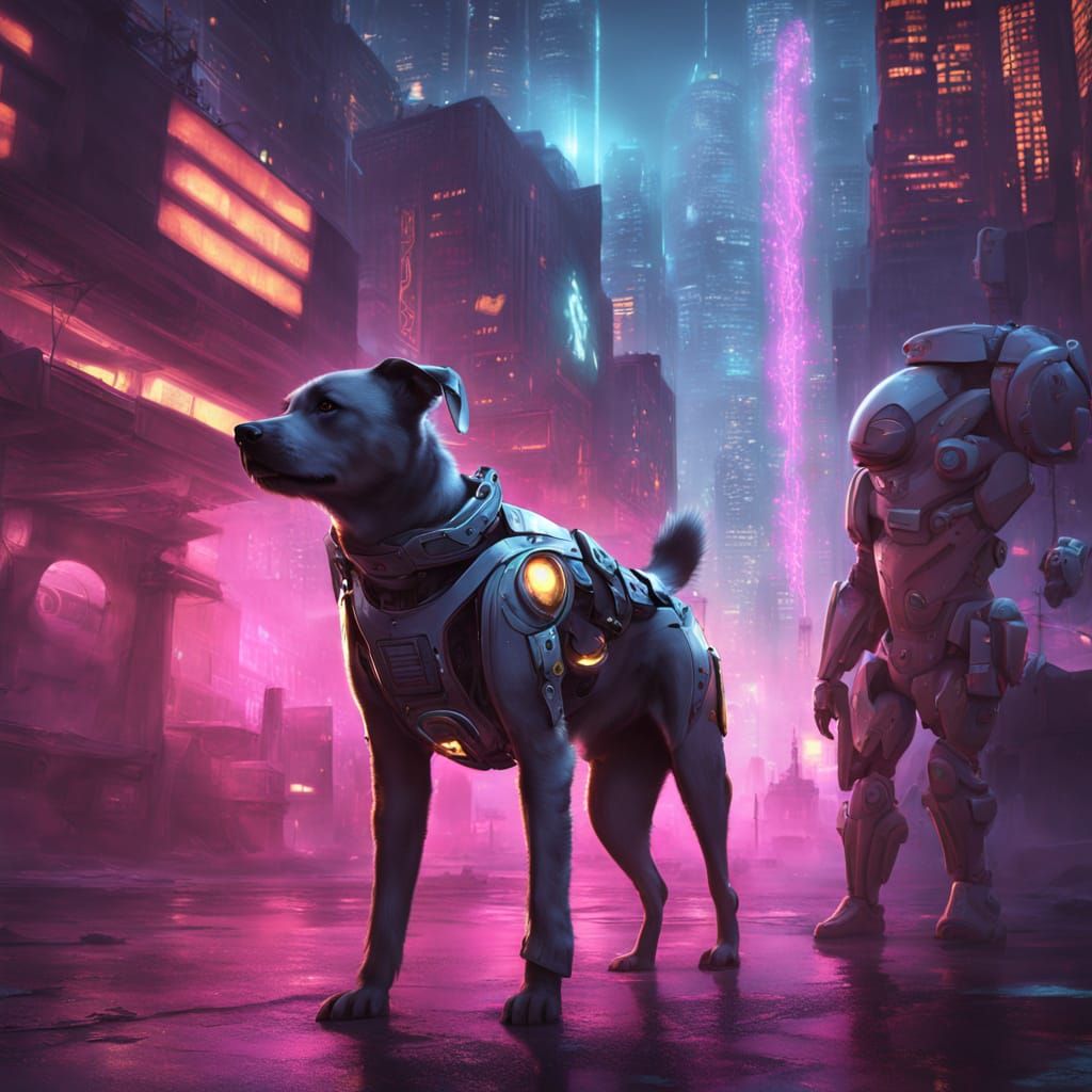 Robot Rescues Dog In Neon Cybernetic Cityscape