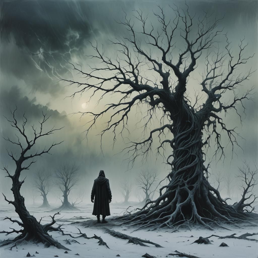 Eerie Figure in Desolate Landscape, Beksiński-Inspired Art