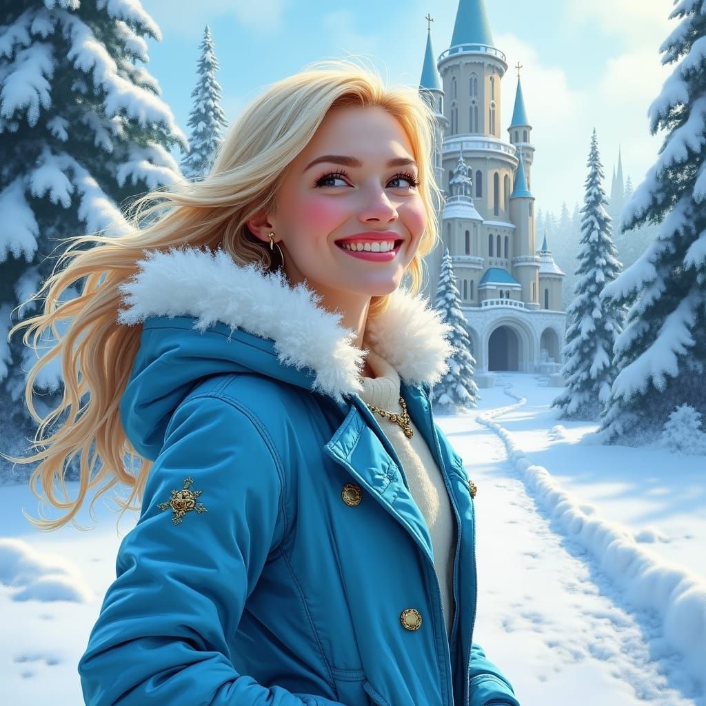 Blonde Woman in Winter Coat at Ice Castle