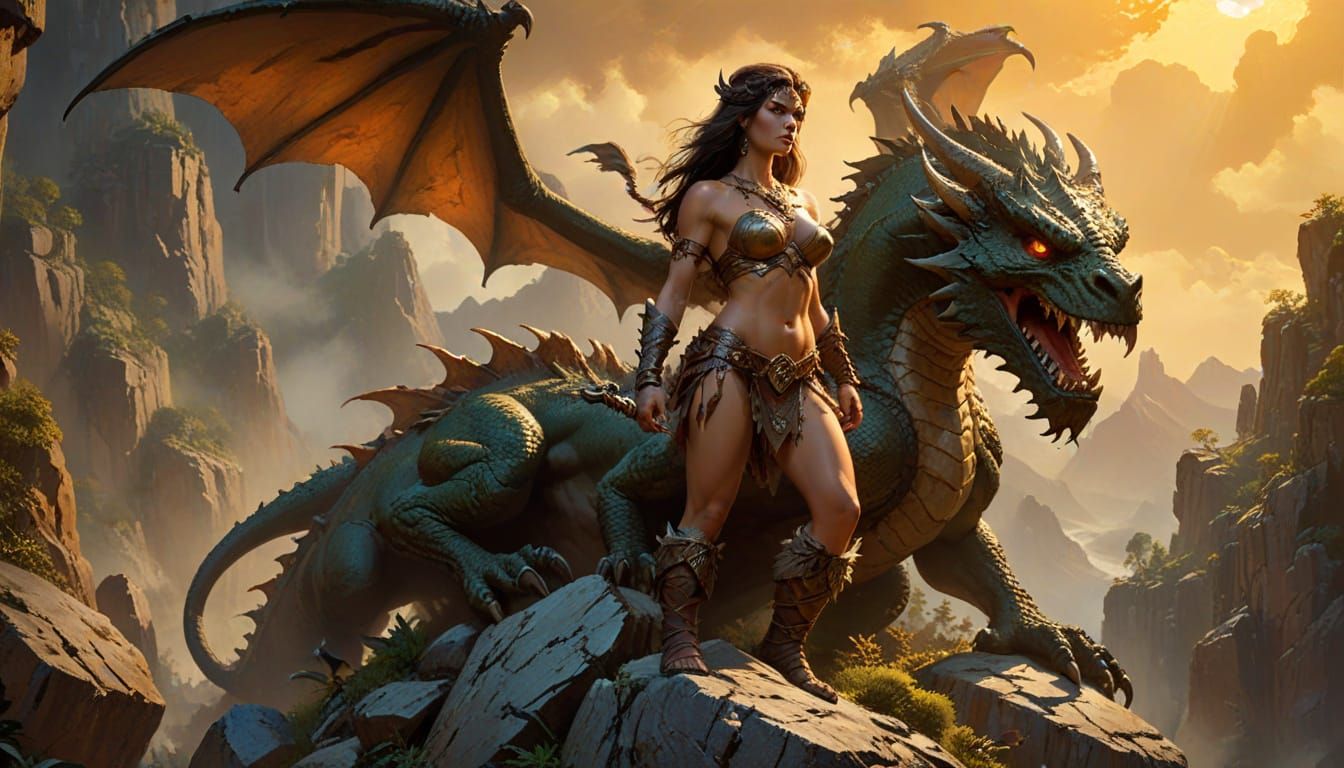 Barbarian Queen on Skull Mountain with Dragon, Frazetta Styl...