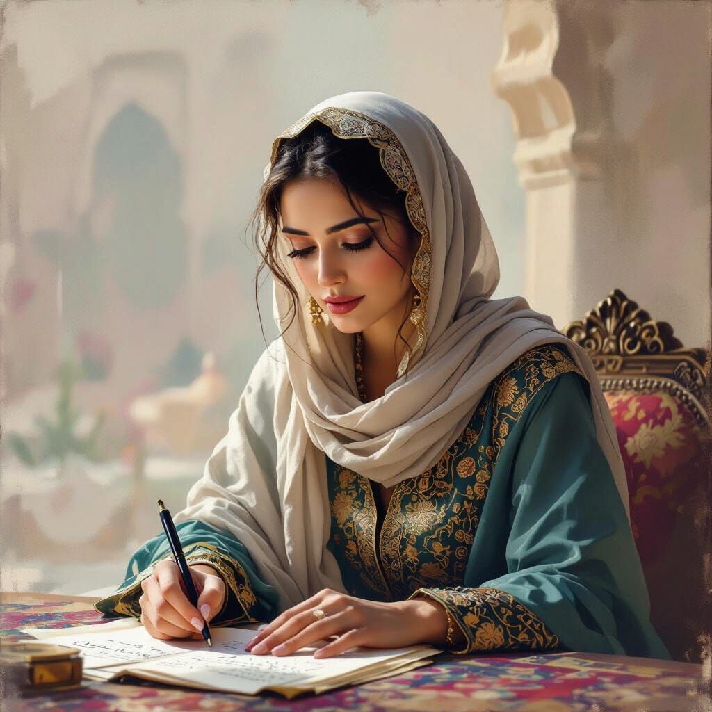 Woman in Islamic Attire Writing in Serene Space