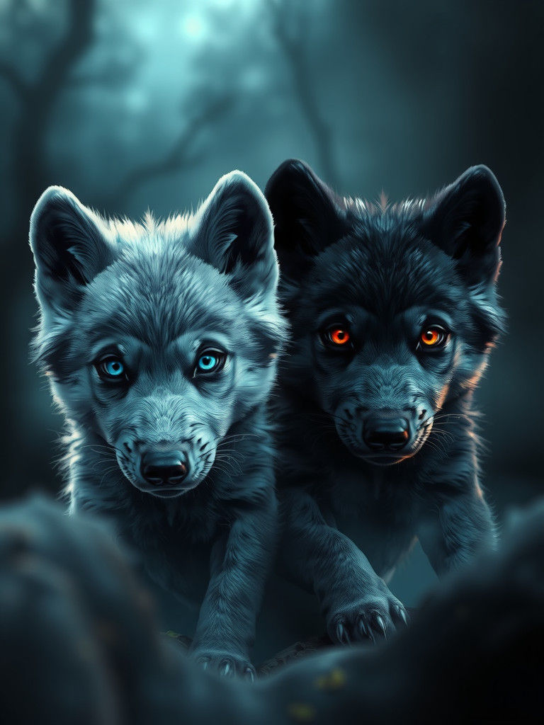 Mystical Wolf Pups Emerge from Shadow: Matte Painting