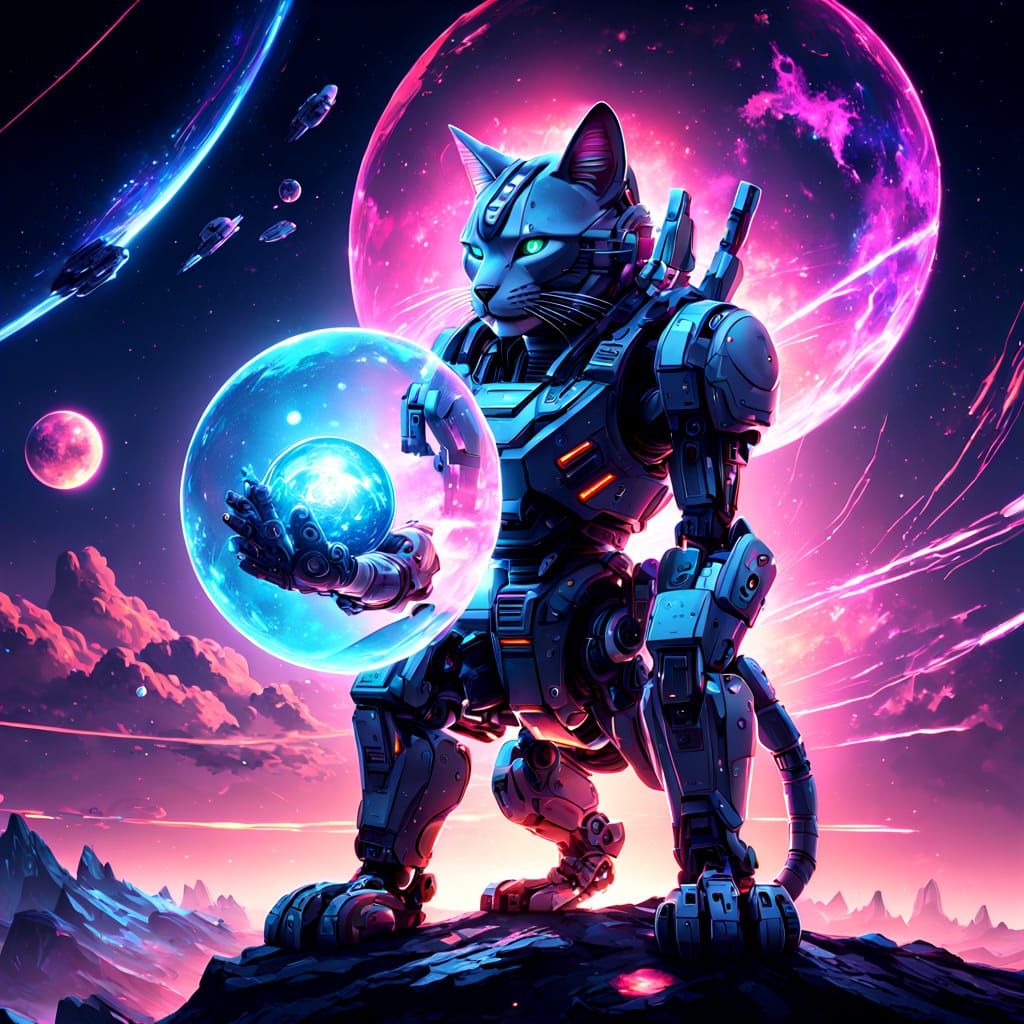 Cyber Cat with Gundam-Inspired Robotic Limb in Vibrant Oil P...