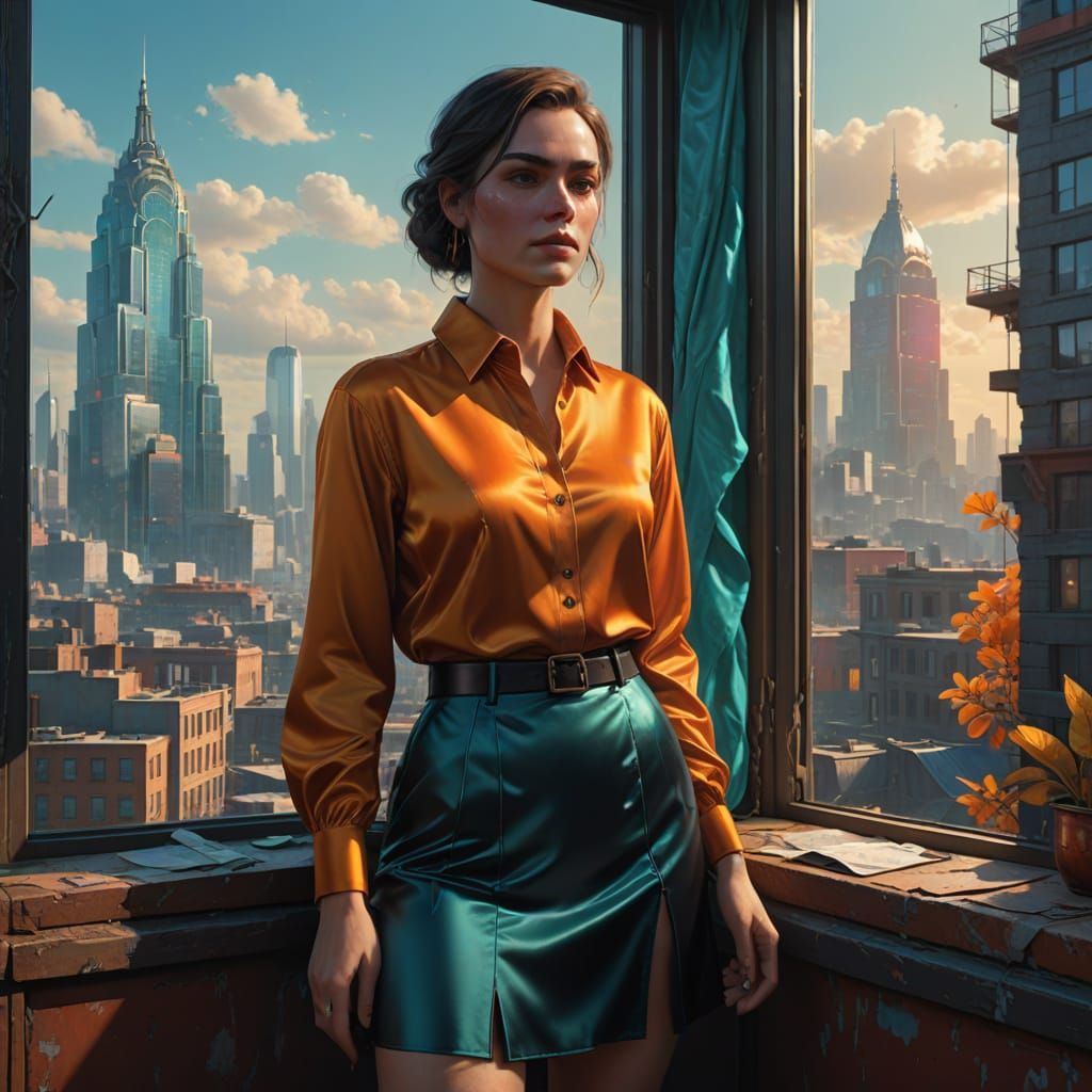 Ethereal City Goddess in Vibrant Satin Attire