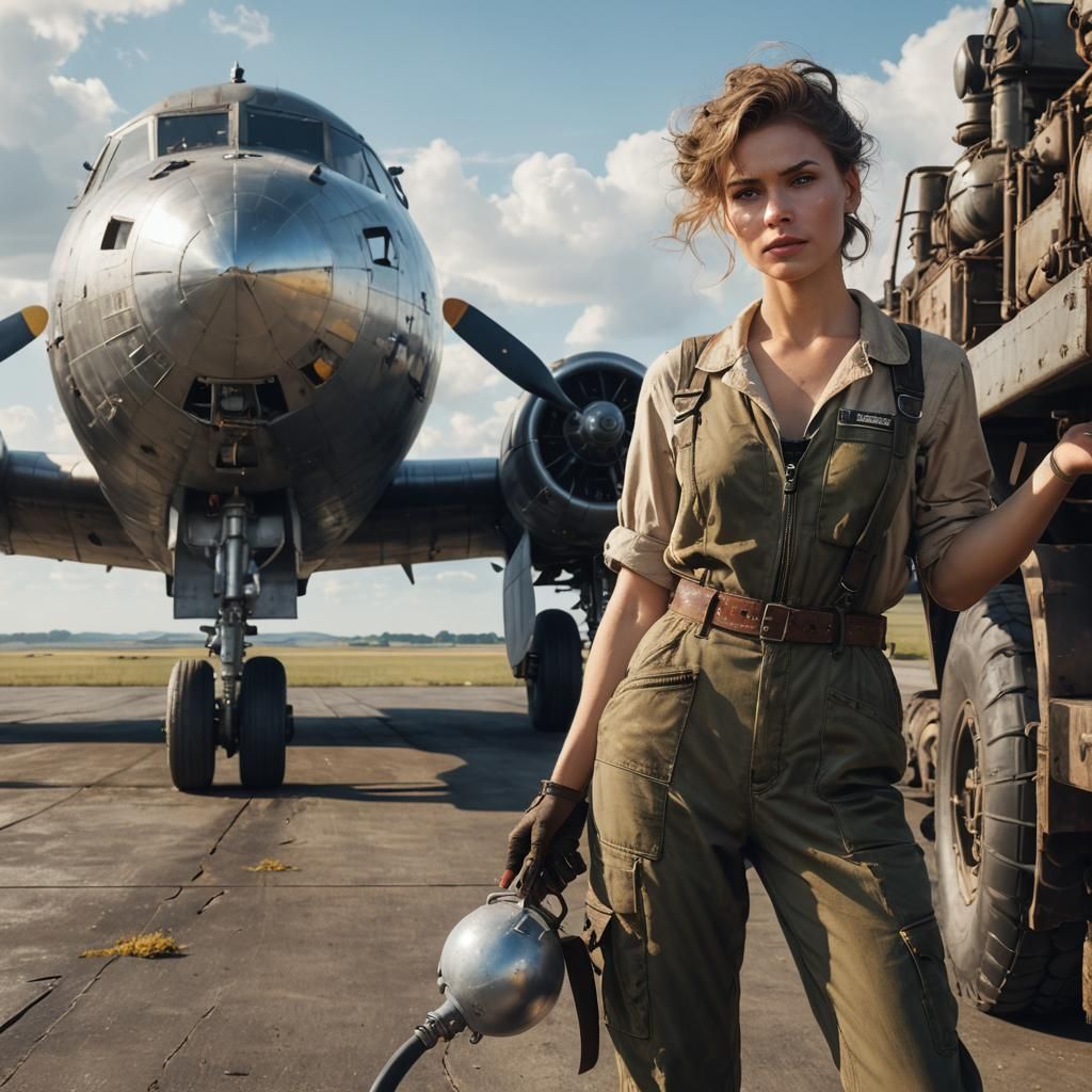 Female Mechanic and Bomber Aircraft, Cinematic Still