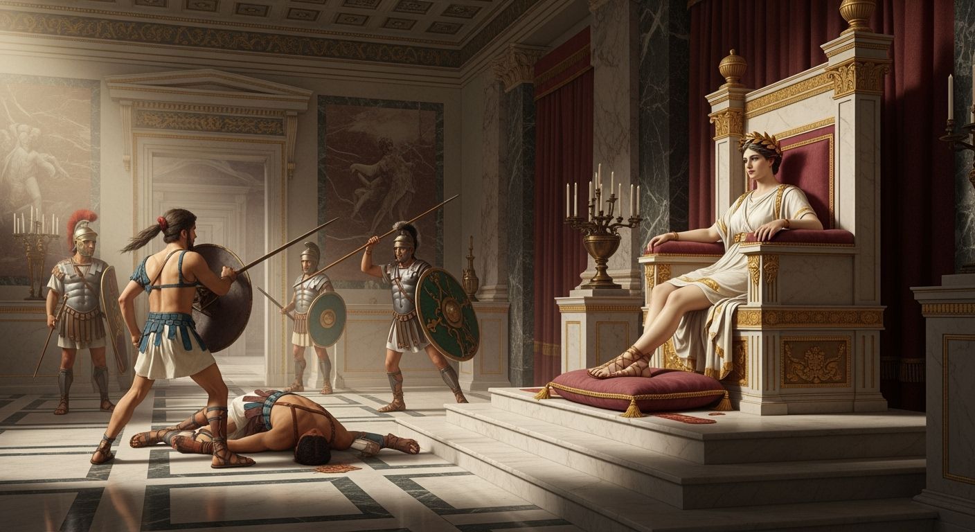 Empress Messalina Oversees Gladiators in Roman Palace