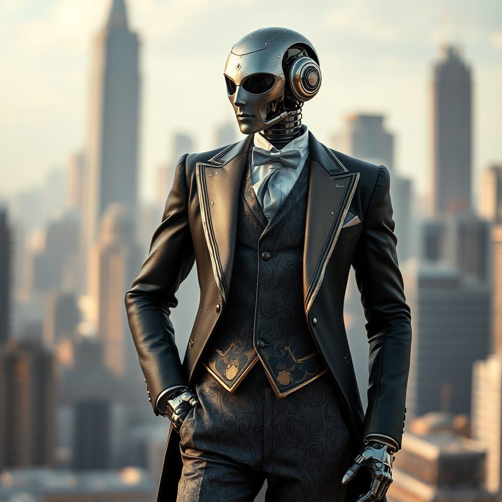 Android Butler in Retro-Futuristic Cityscape