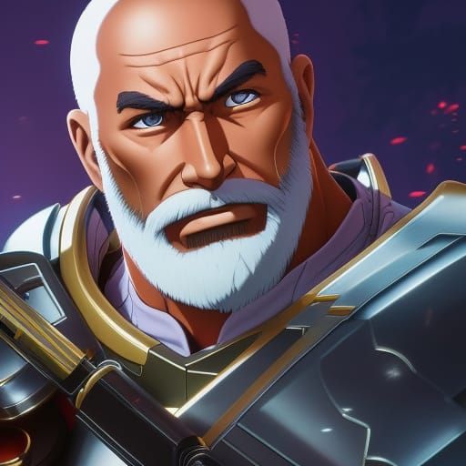 Old Man Rex, groomed white beard, wearing sleeveless white armored breastplate