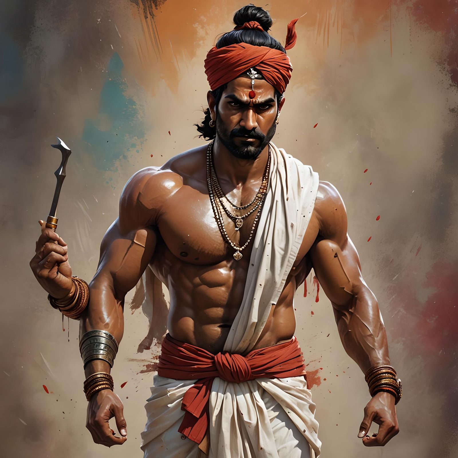Strong Hindu Warrior with Weapon in Hyperrealistic Style
