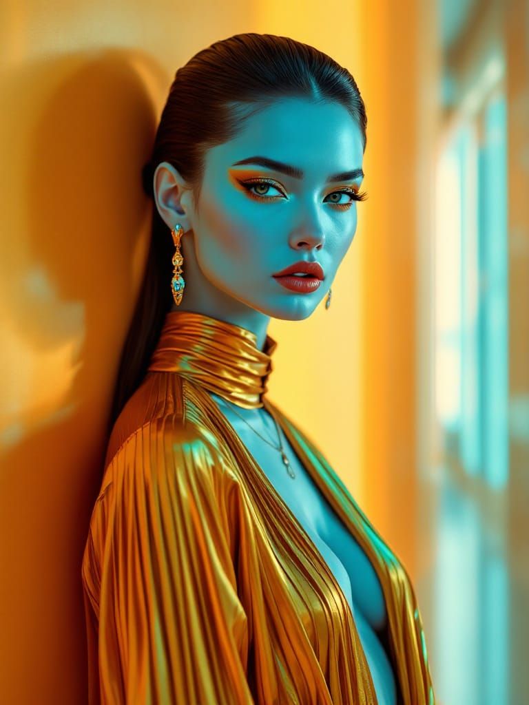 High-Fashion Sci-Fi Portrait: Woman with Blue Skin and Golde...