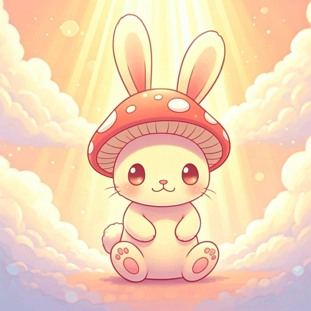 Pastel Kawaii Bunny with Mushroom Cap Hat