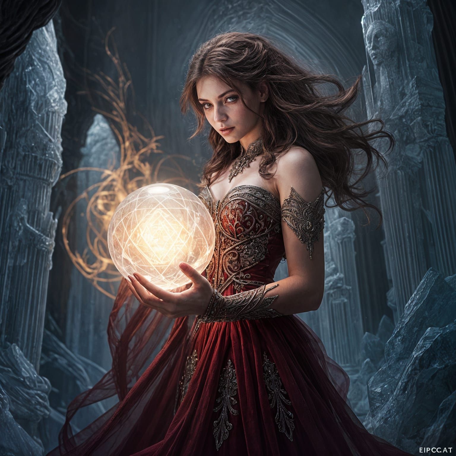 Sorceress Creates Glowing Crystal Sphere in Hyperrealistic S...