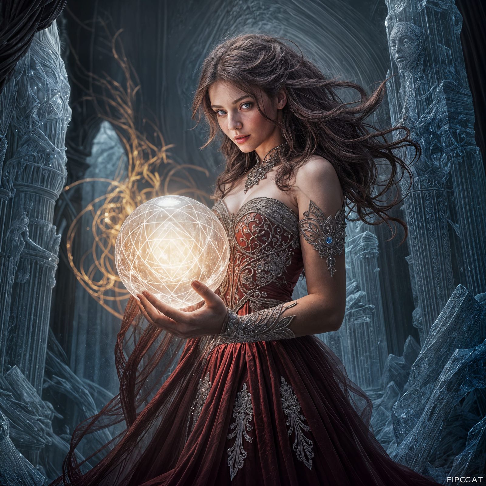 Sorceress Creating Glowing Crystal Sphere in Ice Pillars