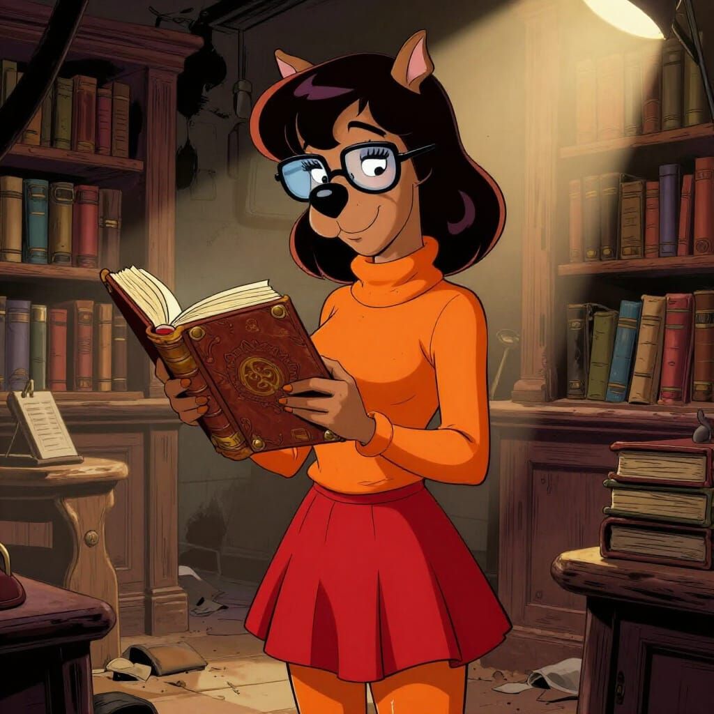 Velma Reads Ancient Book in Dusty Library Comic Style