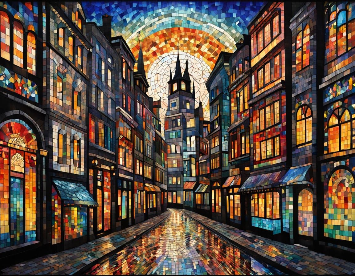 Vibrant Street Scene Mosaic Artwork