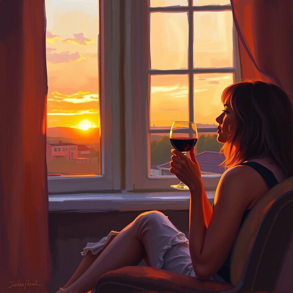 Person Reflects Over Wine at Sunset, Oil Painting