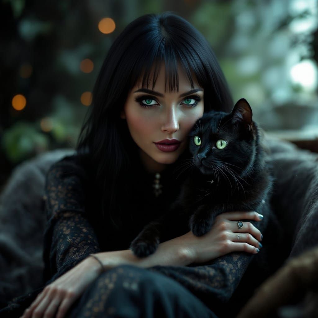Modern Witch and Familiar Cat in Mystical Light