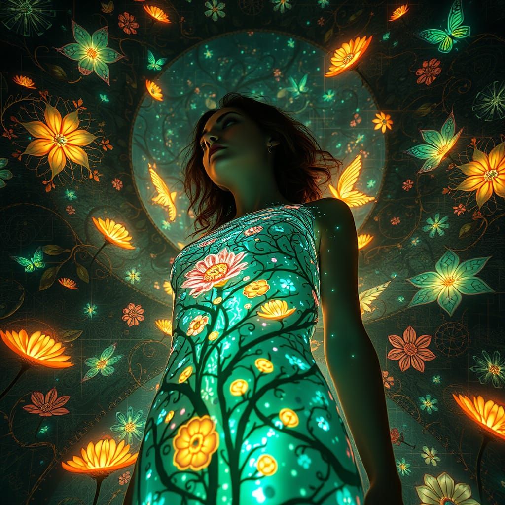 Dreamlike Surrealist Goddess Amidst Labyrinthine Floral Real...