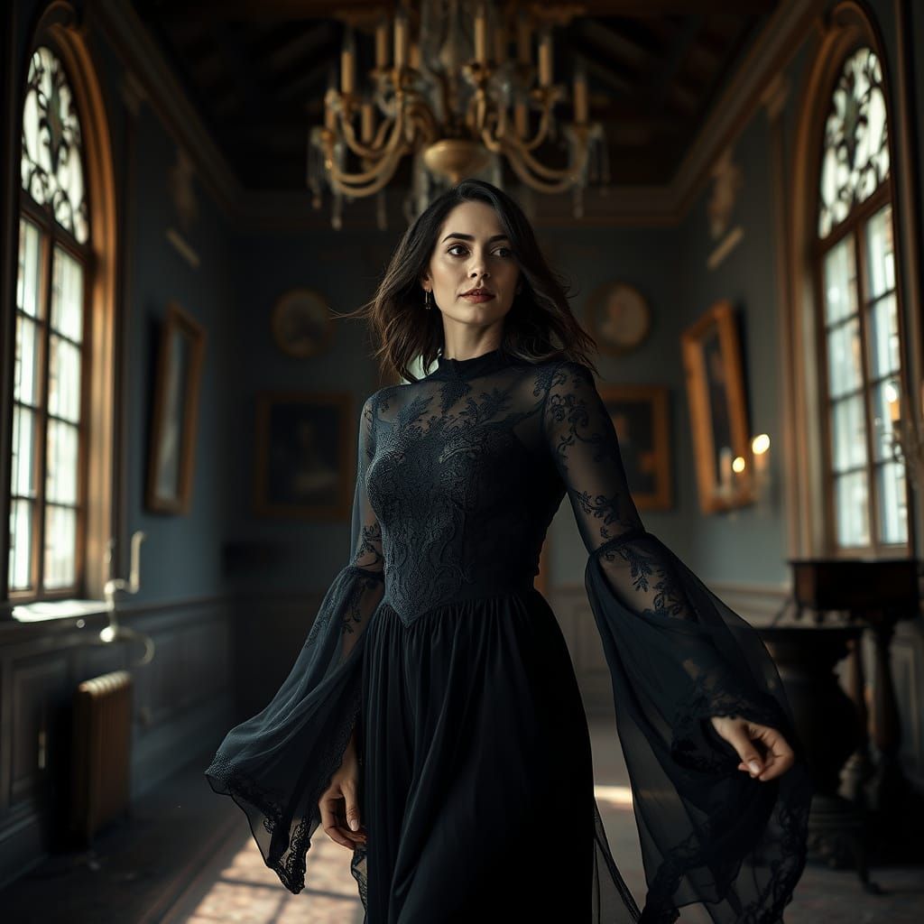 Ethereal Woman Explores Abandoned Mansion in Moody, Atmosphe...