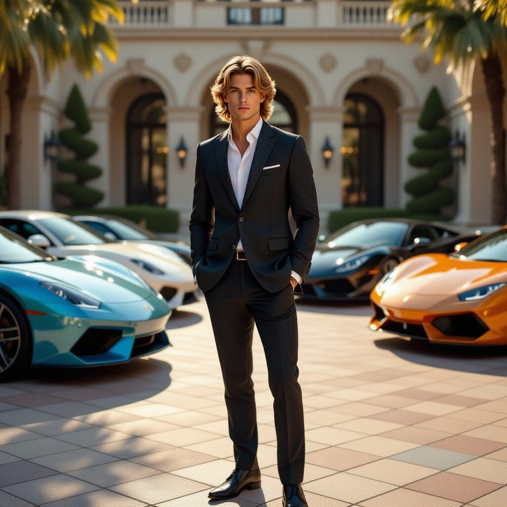 Man in Tailored Suit Poses with Sports Cars