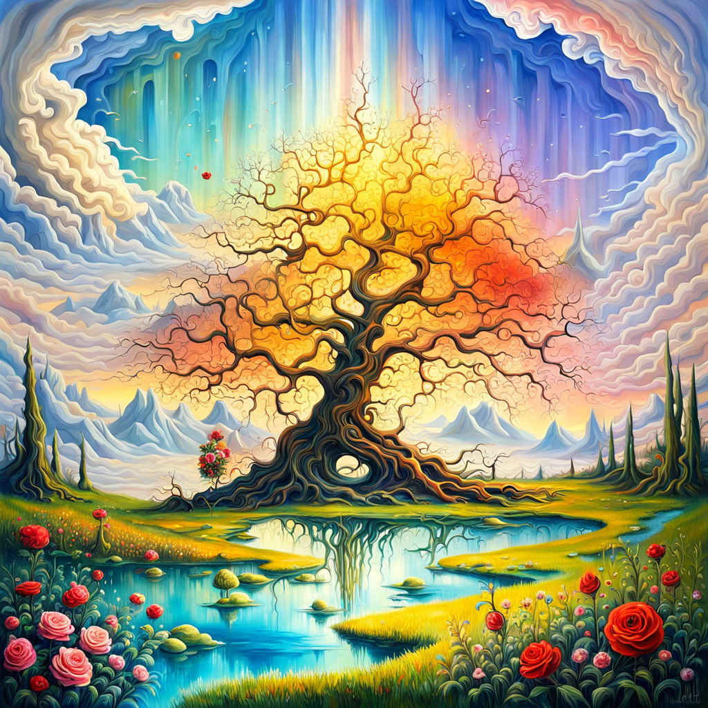 Surrealistic Floral Wonderland in a Dreamlike Landscape