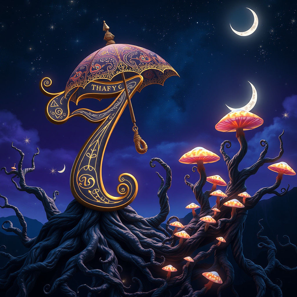 Number 7 Offers Umbrella in Mystical Landscape