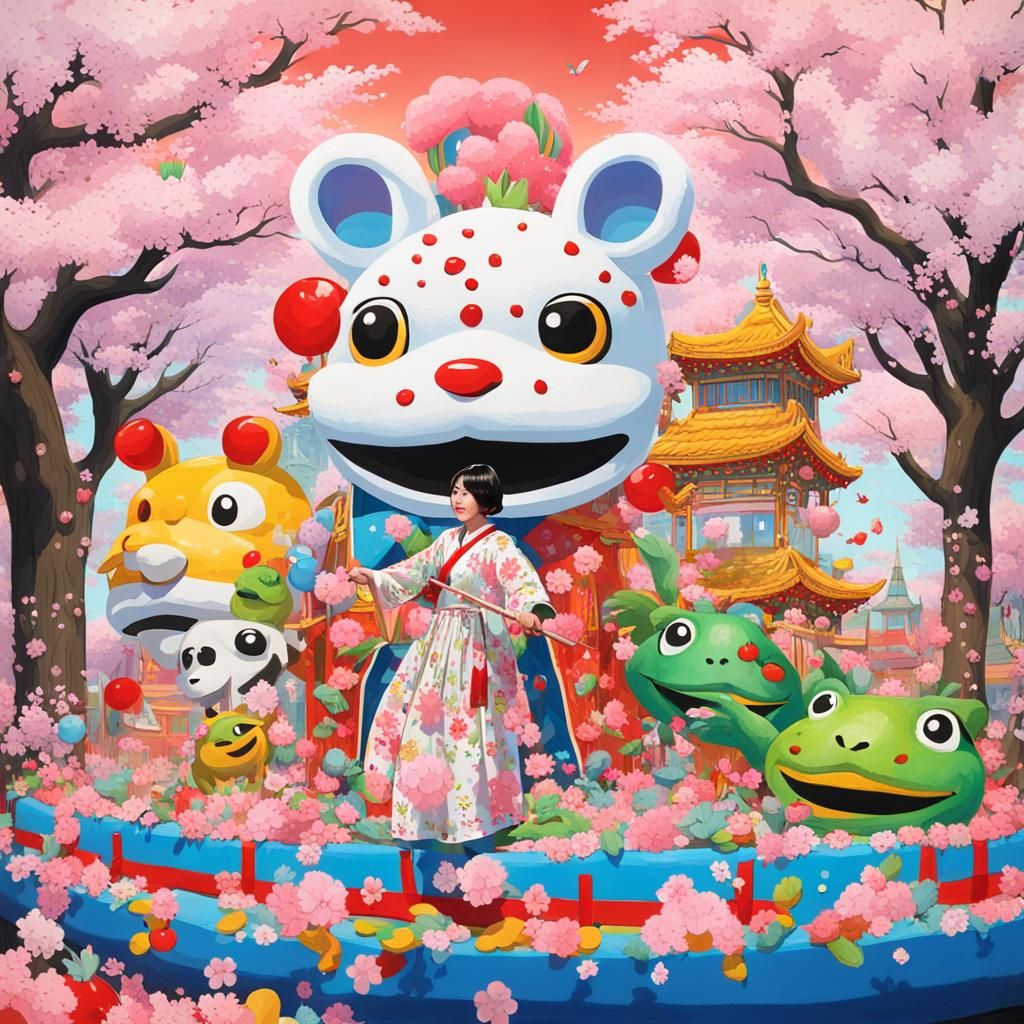 Colorful Parade Float Celebration in Asian-Themed Graffiti A...