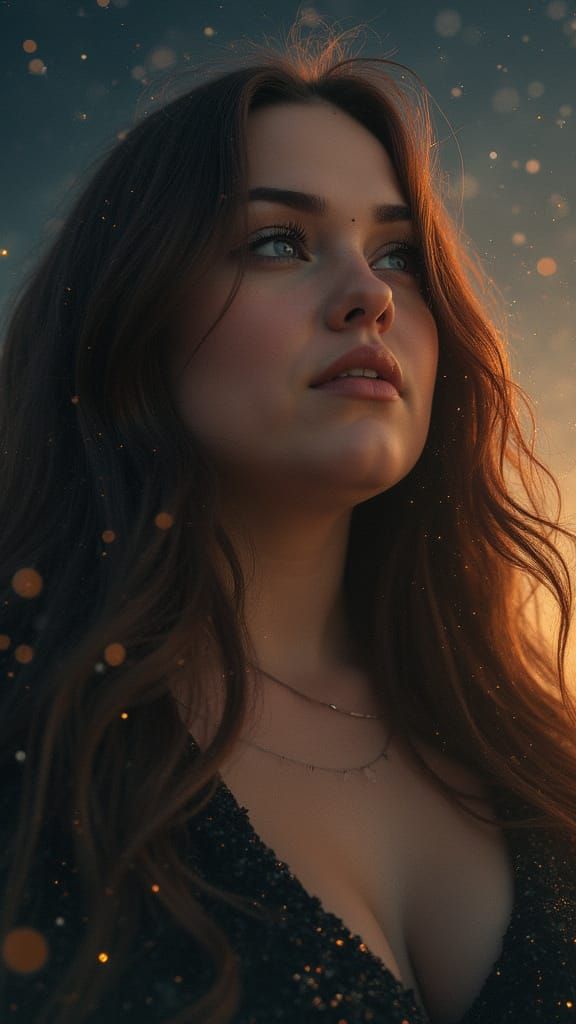 Plus-Size Woman in Cosmic Mist, Celestial Portrait
