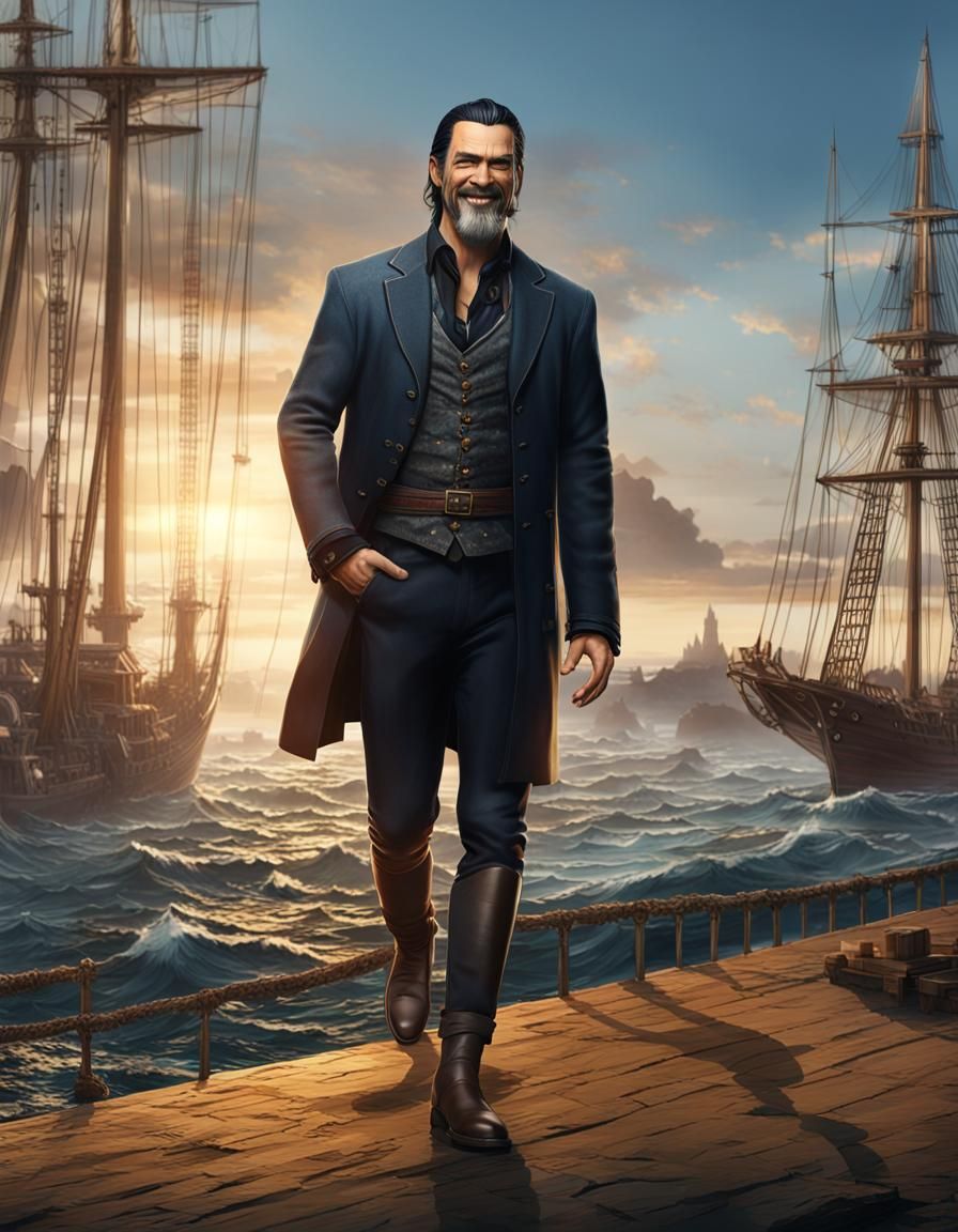 Smiling Man with Ships: Detailed Matte Painting