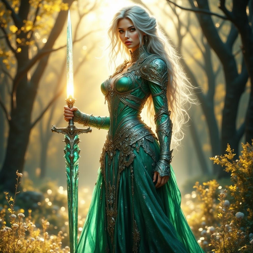 Elven Warrior in Sunlit Forest Glade