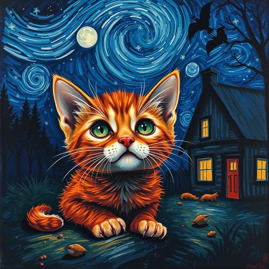 Lonely Red Kitten Under Starry Night Sky