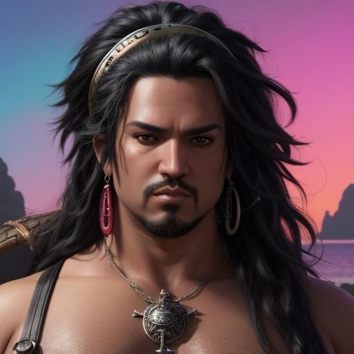 Hyperrealistic Pirate Portrait on Tropical Beach