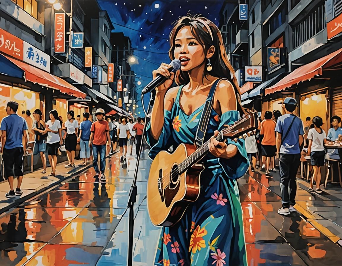 Anime Acrylic Painting of Filipina Street Singer
