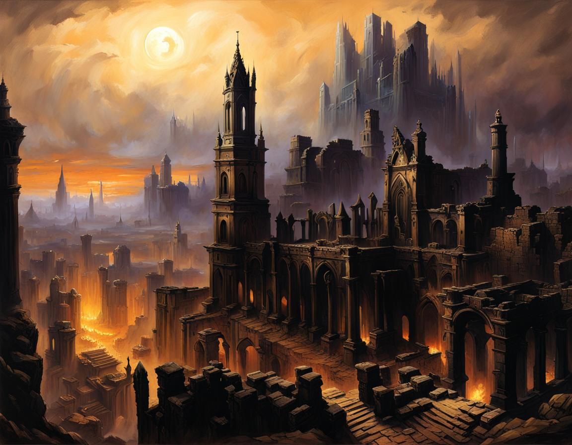Grimdark Fantasy: Ruined City in Oil Painting Style