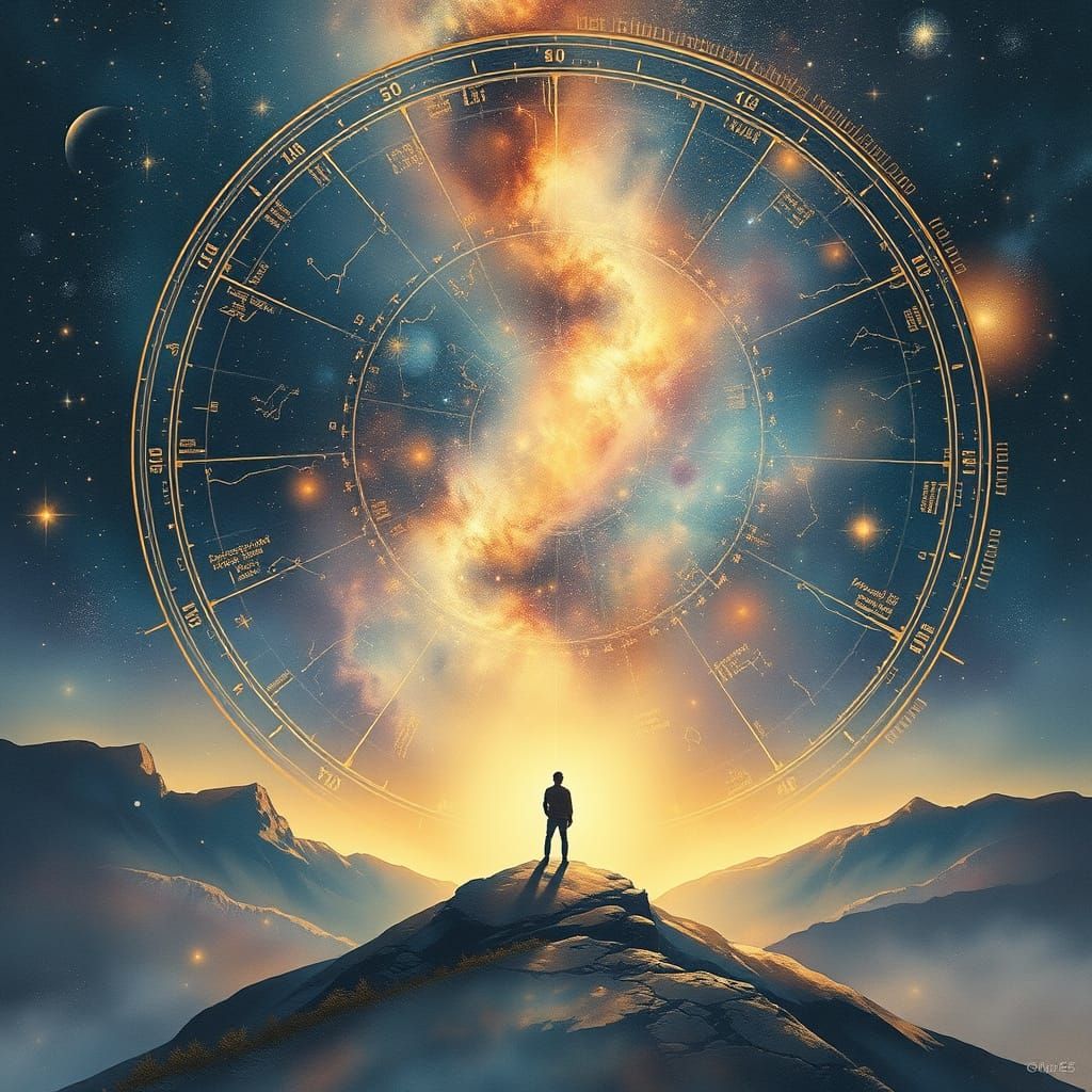 Celestial Map Above Mountaintop in Watercolor Style