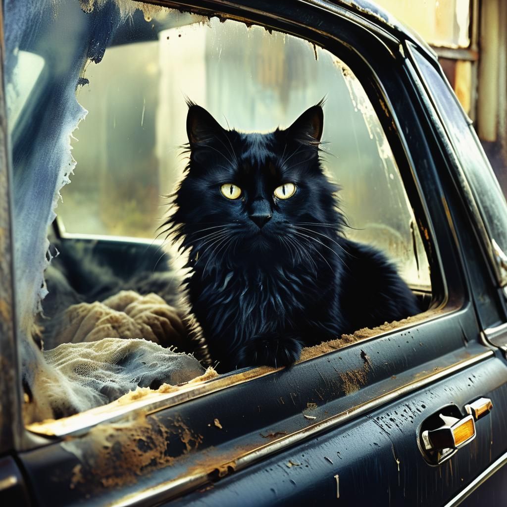 Fluffy Black Cat Gazing into Car Window