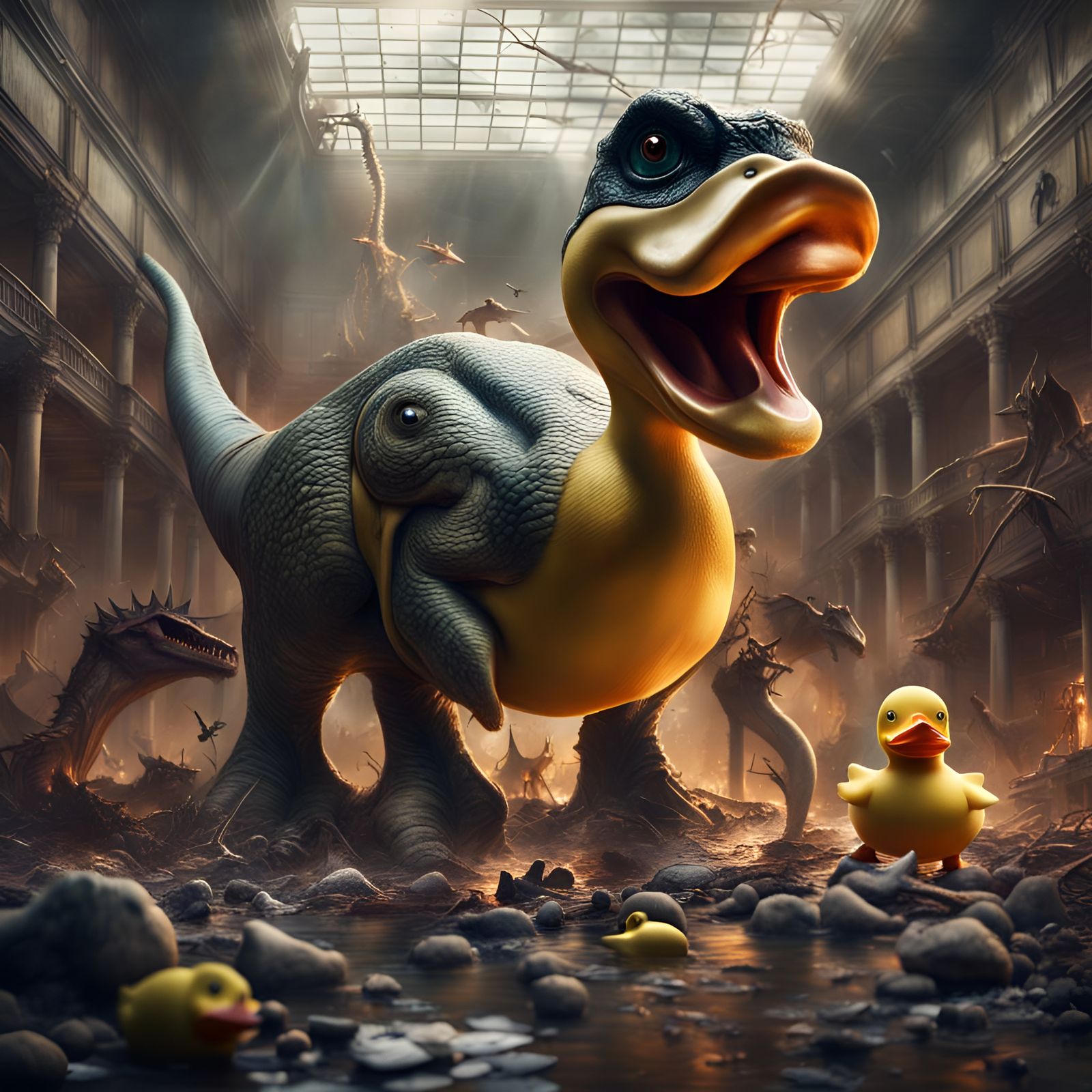 Chaotic Dinosaur Office Scene with Rubber Duck