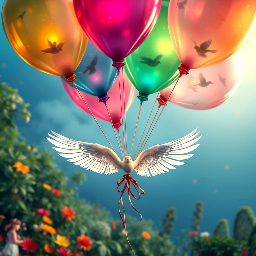 Balloons with Wings Ascend Over Garden